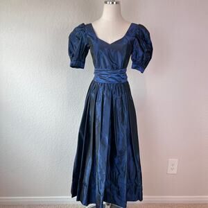 Vintage 80s Laura Ashley Iridescent Puff Sleeve Midi Dress Prairie Cottagecore